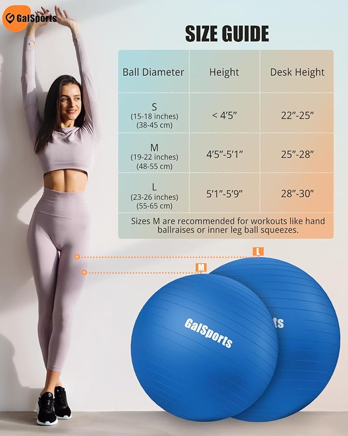 GalSports Yoga Ball Exercise Ball for Working Out, Anti-Burst and Slip Resistant Stability Ball, Swiss Ball for Physical Therapy, Balance Ball Chair, Home Gym Fitness