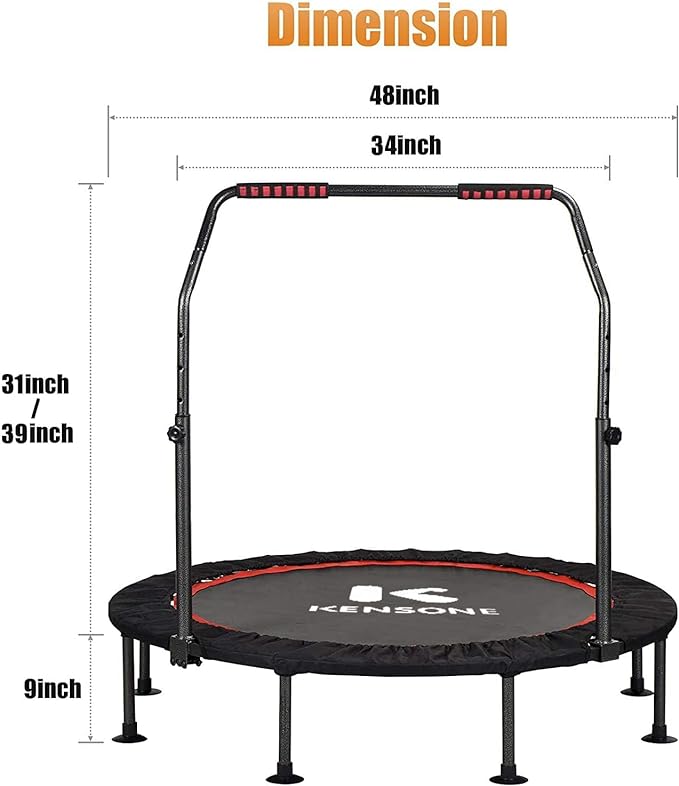 KENSONE 40"/48" Foldable Mini Trampoline, Indoor Trampoline for Kids, Adults Indoor/Garden Workout, Fitness Rebounder with Adjustable Foam Handle, Max Load 330/450 lbs