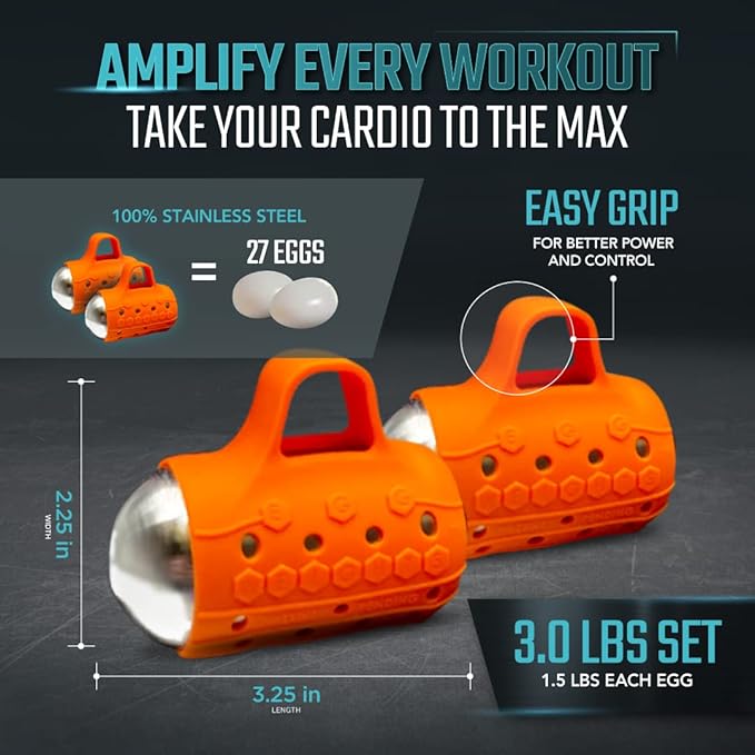 Egg Weights Cardio Max 3.0 lbs. Stainless Steel Hand Weights Dumbbell Set with Anti-Slip Silicone Finger Loop for Workout, Fitness, Training for Men and Women - 2 Eggs, 1.5 lbs each + Free E-Book Workout Guide