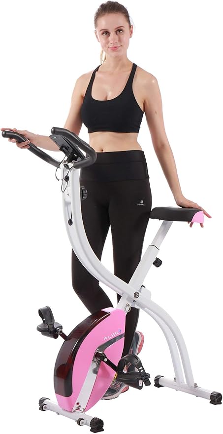 Folding Exercise Bike, Indoor Stationary Bike 16-Level Magnetic Resistance with Arm Resistance Band, Back Support Cushion Workout Bike for Home Workout Gym