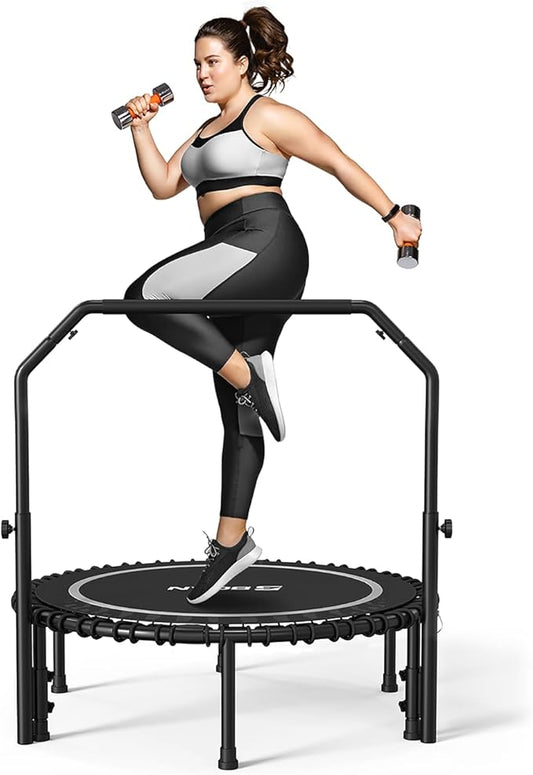 BCAN 450/550 LBS Foldable Mini Trampoline, 40"/48" Fitness Trampoline with Bungees, U Shape Adjustable Foam Handle, Stable & Quiet Exercise Rebounder for Adults Indoor/Outdoor Workout