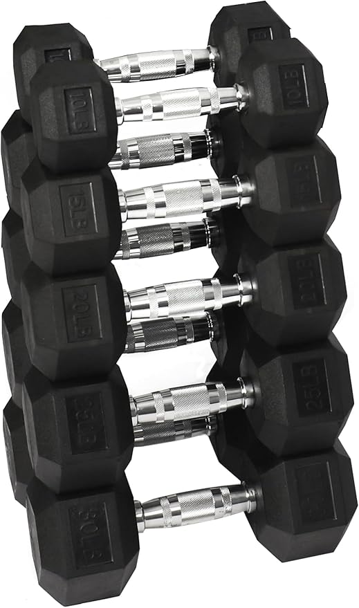 Signature Fitness Premium Rubber Coated Hex Dumbbell Weight Set, Multiple Packages