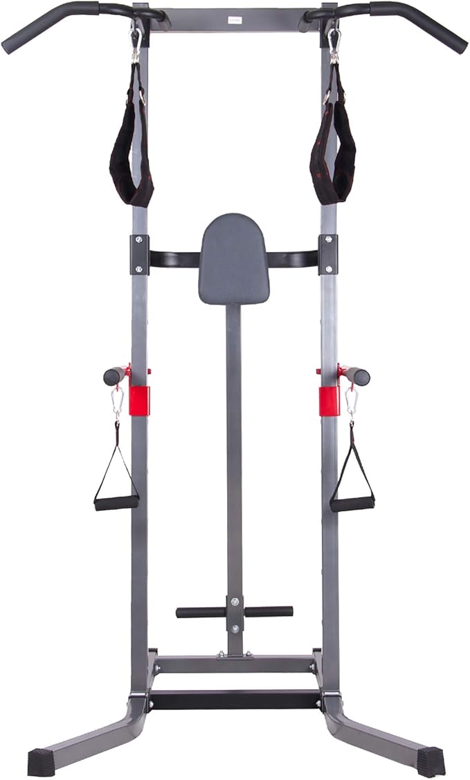 Power Tower 5 in 1 Exercise Equipment, Pull Up Bars, Squat Rack, Dips Machine & More. Sturdy Strength Training, All Body Workout, Adjustable Height, Home Gym, Handles Included, Family Workout,Grey