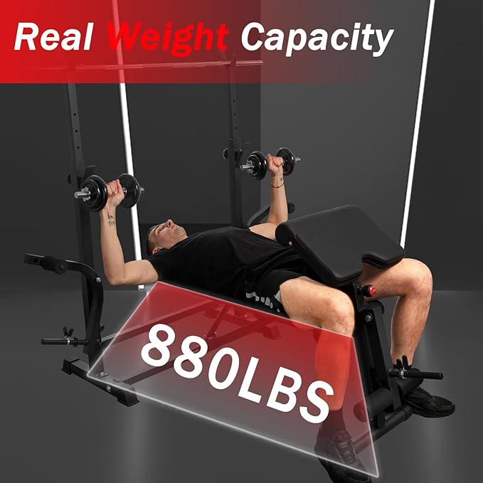 6-in-1 880lbs Weight Bench Set with Squat Rack, Adjustable Workout Bench for Full Body Strength Training, Bench Press with Barbell Rack Leg Developer Preacher Curl, Incline Decline Bench for