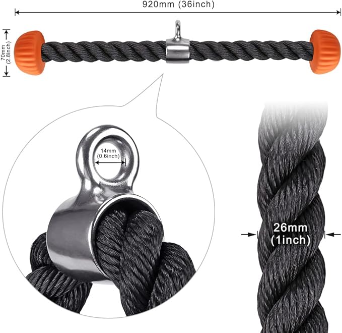 SELEWARE Tricep Rope W/Rubber Ends Cable Machine Attachments 28”/36” Universal