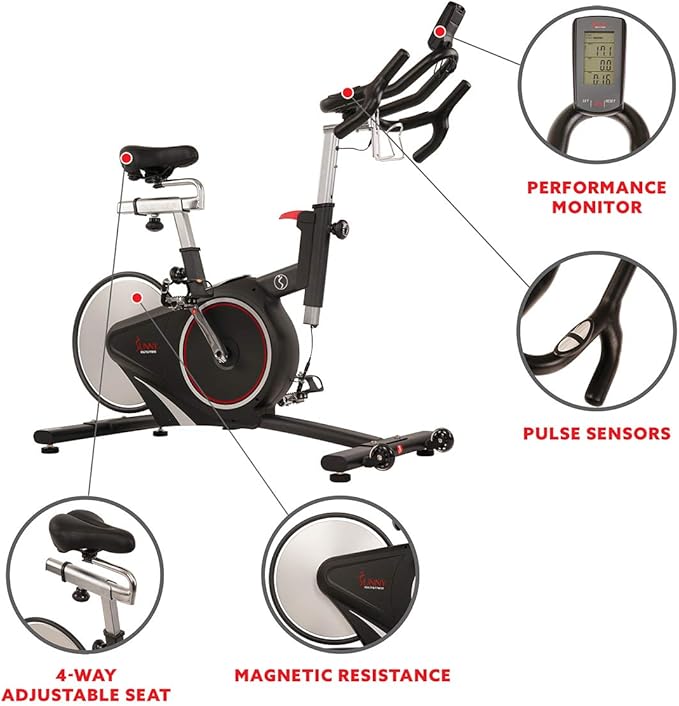 Sunny Health & Fitness Magnetic Rear Belt Drive Indoor Cycling Exercise Bike with RPM Cadence Sensor - SF-B1709, Black