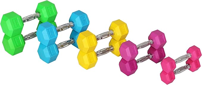 Signature Fitness Colored Rubber Coated Hex Dumbbell Weight Set,Multiple Packages