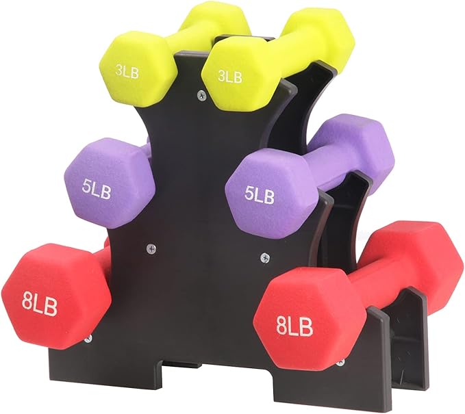 LANGXUN Colored Neoprene Coated Dumbbell Set with Rack 32Lb Set, 3 Lb 5 Lb 8 Lb