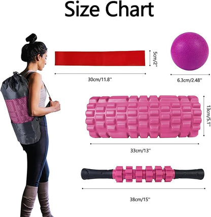 5 in 1 Foam Roller Set Trigger Point Foam Roller Patented, Massage Roller Stick, Massage Ball, Stretching Strap for Deep Muscle Massage Pilates Yoga, Fitness Exercise for Whole Body(Pink)