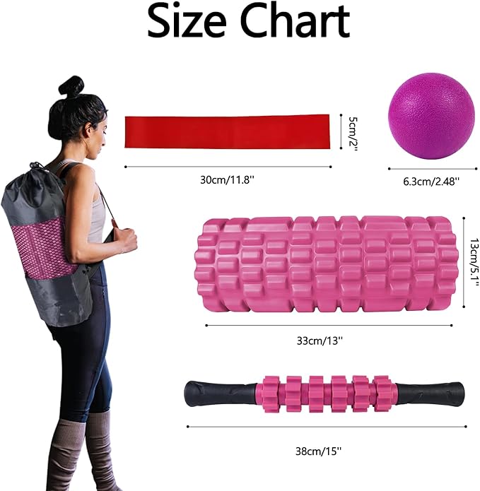 5 in 1 Foam Roller Set Trigger Point Foam Roller Patented, Massage Roller Stick, Massage Ball, Stretching Strap for Deep Muscle Massage Pilates Yoga, Fitness Exercise for Whole Body(Pink)