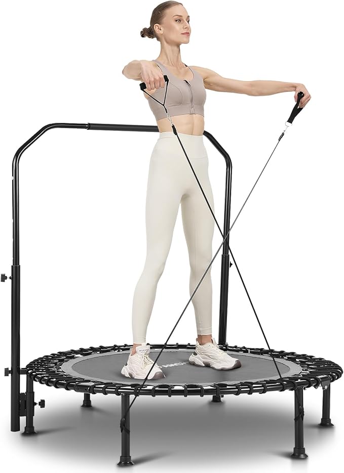 ANCHEER 40/48" Foldable Mini Trampoline,550LBS Max Load,Rebounder Trampoline for Adults with Adjustale Foam Bar&Resistance Ropes,Upgraded Bungee Cords,Fitness Trampoline Indoor/Outdoor