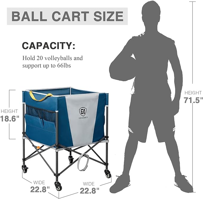 EVER ADVANCED Rolling Ball Storage Cart with Lockable Wheels, 33 x 22.8in Collapsible Garage Sports Equipment Organizer for Volleyball Basketball Tennis Toy Storage Multi-Sport Family Gym, Blue