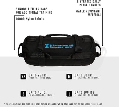 HYPERWEAR Adjustable Sandbag System - Heavy-Duty Workout Sandbags with Handles and Pre-Filled SandBells (25lb, 40lb, 80lb, 160lb)