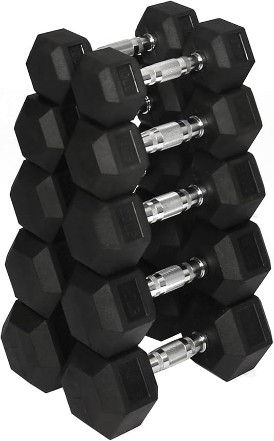 Signature Fitness Premium Rubber Coated Hex Dumbbell Weight Set, Multiple Packages