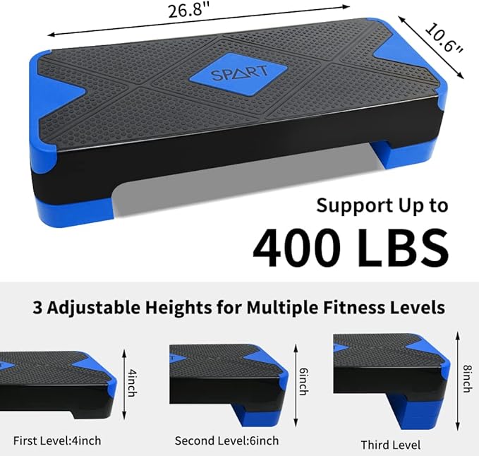 SPART Adjustable Workout Aerobic Stepper, Aerobic Exercise Step Platform with 4 Risers, 3 Levels Adjust 4" - 6" - 8", 26.77" Trainer Stepper with Non-Slip Surface for Home Gym Extra Risers