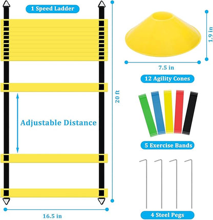 Agility Training Equipment Set 20 ft 12 Cones, 5 Resistance