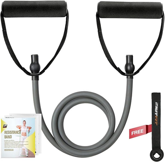 RitFit Single Resistance Exercise Band with Comfortable Handles - Ideal for Physical Therapy, Strength Training, Muscle Toning - Door Anchor and Starter Guide Included