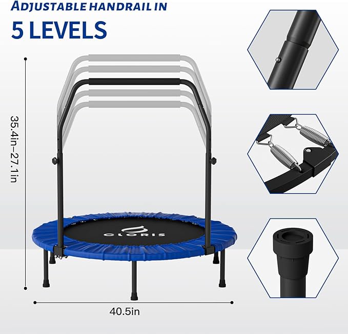 CLORIS 40in Folding Trampoline Mini Rebounder Fitness Trampoline with Adjustable Foam Handle for Kids/Adult, with safty Padded Cover Best Gift for Kids/Adult