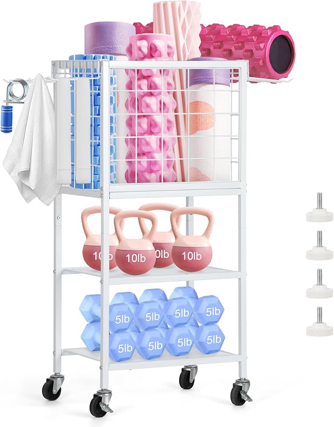 Weight Rack for Home Gym, Workout Equipment Storage Organizer, Home Gym Yoga Mat Storage Rack, Weight Storage Racks with Hooks, Yoga Mat Holder with Wheels for Yoga Block, Dumbbell, Resistance Band