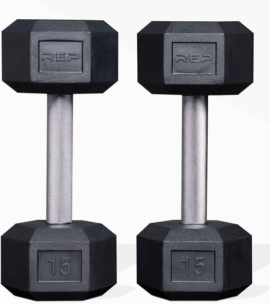 Rep Fitness Rubber Hex Dumbbell(s) - Singles (55LB +) and Pairs (5LB - 50LB) - Low Odor, Fully Knurled Handle