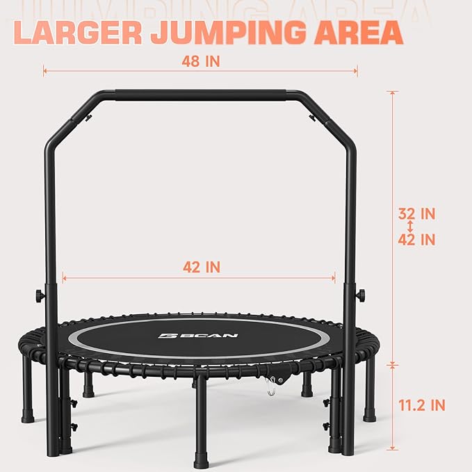 BCAN 450/550 LBS Foldable Mini Trampoline, 40"/48"/50" Fitness Trampoline with Bungees, U/T Shape Adjustable Foam Handle, Stable & Quiet Exercise Rebounder for Kids Adults Indoor/Garden Workout