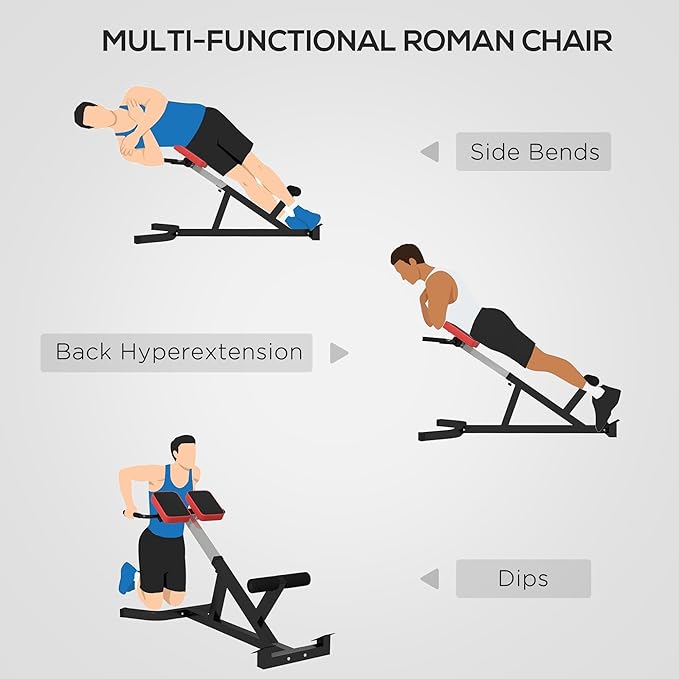 Soozier Roman Chair Back Extension Machine, Height Adjustable Hyperextension Bench with Dip Bars, Multi-Functional for Back, Core, Arms and Whole-Body Training