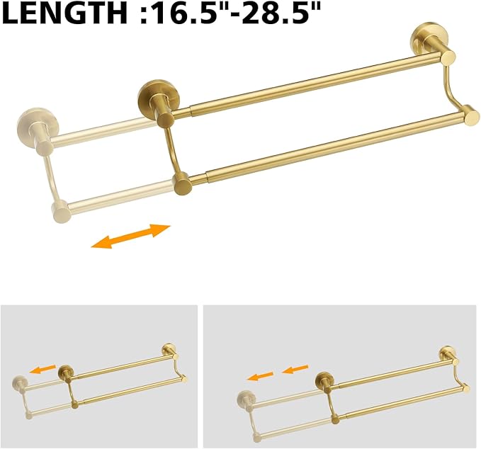 BESy Adjustable 16.5-28.5 Inches Double Bath Towel Bar for Bathroom SUS304 Stainless Steel Towel Holder, Hotel Style Wall Mount with Screws Hand Towel Bar，Towel Rack Rod Hanger, Brushed Gold Finish