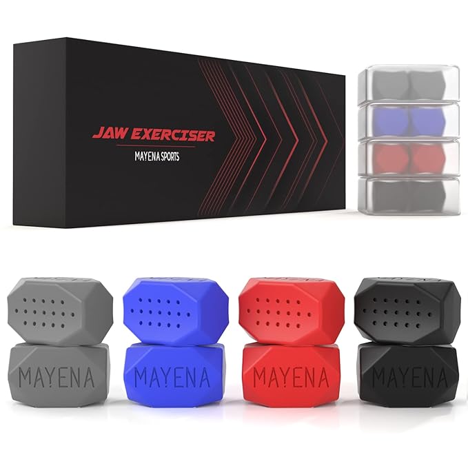 Mayena Jaw Exerciser for Men & Women | 4 Resistance Levels (8pcs) Silicone Jawline Exerciser Tablets | Powerful Jaw Trainer & Jawline Shaper for All Level Users| Slims, Tones& Defines the Face