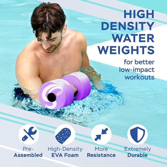 Sunlite Sports Water Weights Pool Exercise Dumbbells, Water Aerobic Equipment, High-Density EVA-Foam Dumbbell with Handle Strip, Aqua Therapy, Pool Fitness, Water Exercise, Set of 2