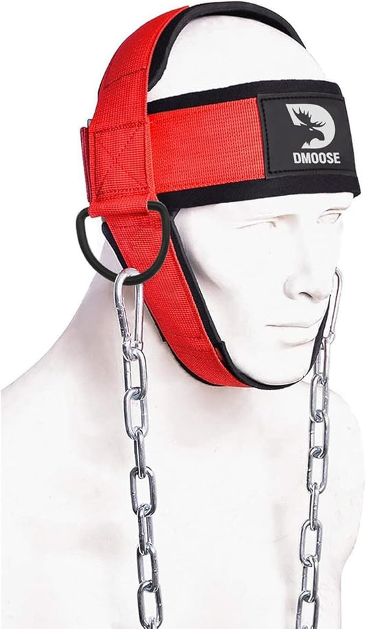 DMoose Fitness Neck Harness, Increases Neck Core Strength & Supports Injury Recovery - Neck Exerciser 30" Heavy Duty Steel Chain, Adjustable Head and Chin Neoprene Strap, Neck Trainer for Home and Gym