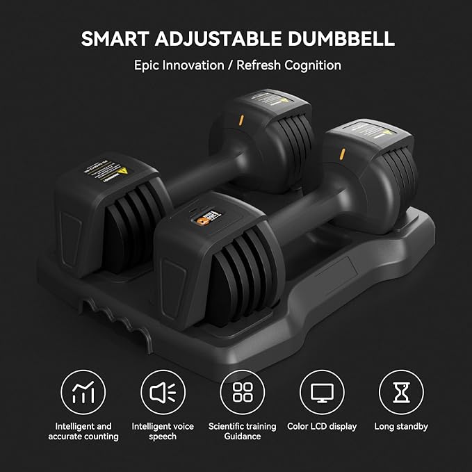 Smart Adjustable Dumbbell Set with Speaking Display - 2.5 to 12.5 Pounds Each - Home Gym Exercise Equipment - Visible Color Display for Workout Data Record - Total 25 lbs Weight Set (High Grade)