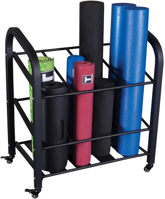 Body-Solid (GYR500 Foam Roller & Yoga Mat Storage Rack with Wheels - Holds 12 Mats or Foam Rollers, Lockable Casters, Durable Steel Frame