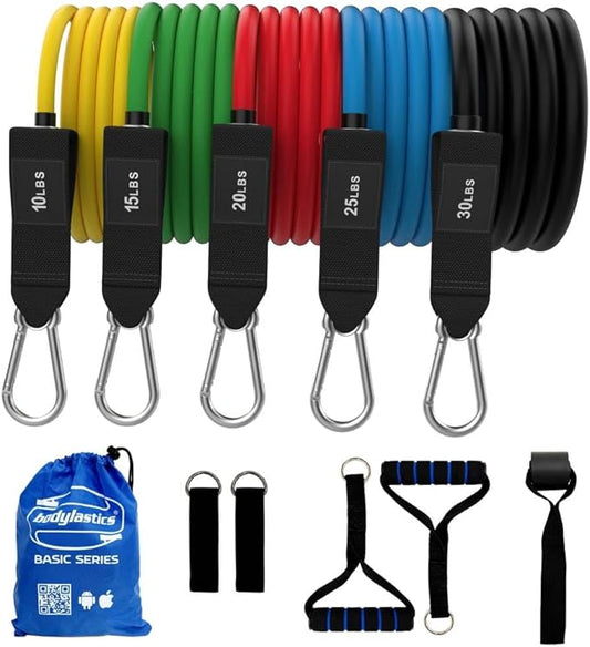 Bodylastics Resistance Band Set - Resistance Bands with Handles, Ankle Straps, Door Anchor, Carry Bag - Heavy-Duty Stretch Exercise Bands -Patented Clips and Snap Reduction Tech -Fitness Workout Bands