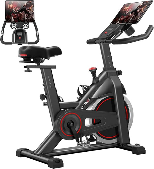 CURSOR FITNESS Indoor Cycling Bike, Stationary Bike for Home Workout Exercise, Extra Comfort Cushion Ventilated Seat, Extra Large Tablet & Bottle Holder