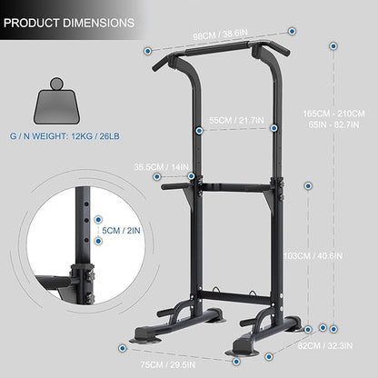 Pull-up Bar and Dip Station Power Tower Adjustable Height Dip Station Multipurpose Strength Training Fitness Station for Beginners Up to 5.9 Feet Height