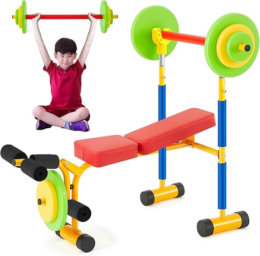 Meooeck Kids Weight Bench Set Fitness Exercise Equipment for Kids Toddler Adjustable Sports Exercise Equipment with Weights Foam Tray and Bar for Beginners Children Toddler Indoor Outdoor Sport