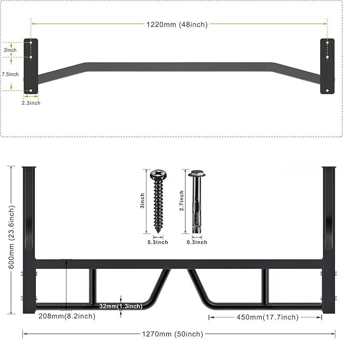 Kipika 48" Wall Mounted Multifunction Cable Pulley System Gym, 48" Wall Mounted Pull Up Bar, Cable Machine LAT Pulldown Attachments, DIY Home Gym Pulley Cable Machine Attachment System, Punching Bag Hanger