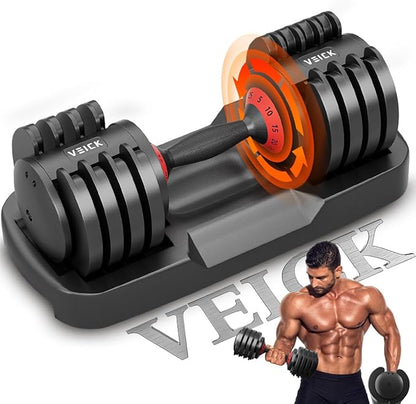 VEICK 25/55 lbs Adjustable Dumbbell, Fast Adjust Weight Dumbbell with Anti-Slip Turning Handle for Men Women, Black Dumbbell with Tray for Home Gym Full Body Workout Fitness