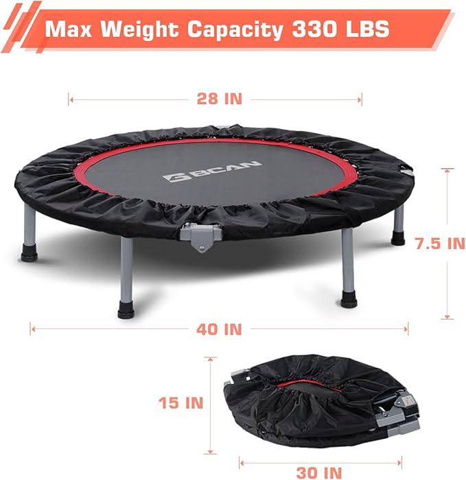 BCAN 40/48" Foldable Mini Trampoline Max Load 330lbs/440lbs, Fitness Rebounder with Adjustable Foam Handle, Exercise Trampoline for Adults Indoor/Garden Workout