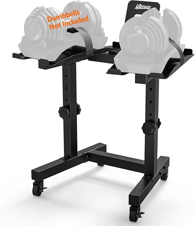 Uboway Adjustable Dumbbell Stand, Hand Weight Rack 4 Level Adjustment for Dumbbells with Tablet Holder, Dumbbell Rack with Durable Casters for Adjustable Dumbbell Set, More Safety and Convenience