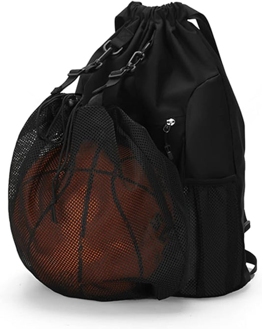 Drawstring Backpack 1 Pack Basketball Gym Bag with Hidden Folding Ball Mesh Bag Sport Equipment Bag for Soccer Volleyball Baseball Softball Football Yoga (Black)