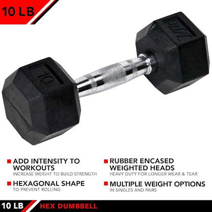 JFIT Rubber Hex Dumbbells - 8 Size Options - Hex Shaped Heads Prevent Rolling and Injury - Ergonomic Hand Weights for Exercise, Muscle, Strength and Weight Training