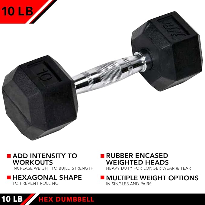 JFIT Rubber Hex Dumbbells - 8 Size Options - Hex Shaped Heads Prevent Rolling and Injury - Ergonomic Hand Weights for Exercise, Muscle, Strength and Weight Training