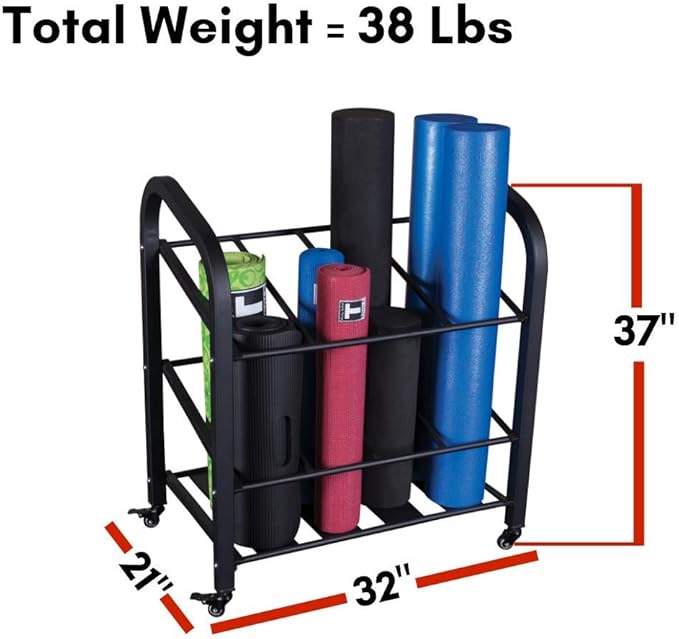 Body-Solid (GYR500 Foam Roller & Yoga Mat Storage Rack with Wheels - Holds 12 Mats or Foam Rollers, Lockable Casters, Durable Steel Frame