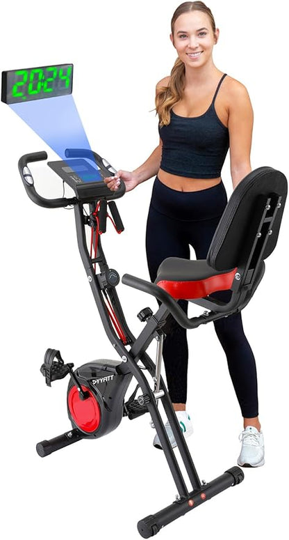 YYFITT 3-IN-1 Exercise Bike with Luminous Digits Display | Folding Stationary Bikes for Home Seniors | Compact Workout Bike with Fully Support Backrest - Wider Seat - 16 Level Magnetic Resistance