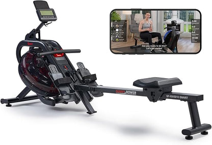 Sunny Health & Fitness Magnetic Rowing Machine with 53.4" Extended Slide Rail, Full-Body Workout, Low-Impact, Ergonomic Full Motion or Premium Water Motion and Optional Exclusive SunnyFit App