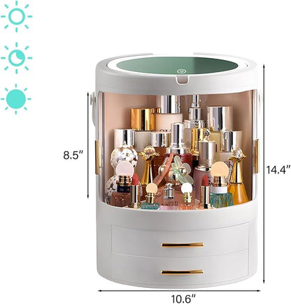 Makeup Organizer, Skincare Organizers, Rotating Makeup Organizer, Cosmetic Organizer with Mirror and LED Light, for Bedroom, Washroom, Living Room, with Carrying Handle, White