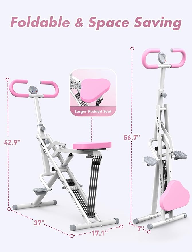 Sportsroyals Pink Squat Machine for Home,Rodeo Core Exercise Machine,330lbs Foldable,Adjustable 4 Resistance Bands,Ride & Rowing Machine for Botty Glutes Butt Thighs,Ab Back/Leg Press Hip Thrust…