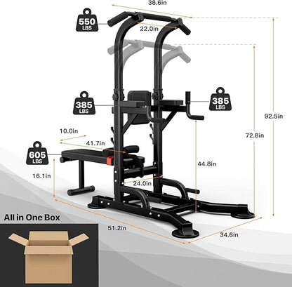 Uboway Pull Up Dip Station, Power Tower with Weight Bench, Dip Machine with Adjustable Heights, Pull Up Bar Free Standing, Strength Training Workout Equipment Fit Home Gym