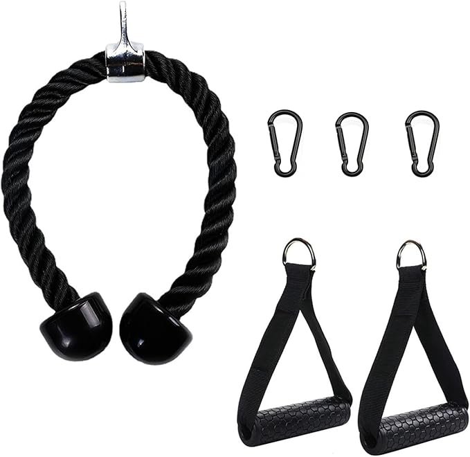 Cable Attachments for Home Gym, Triceps Rope 26.5 Inch Pull Down Attachment，2 Resistance Band Handles ，3 Black Heavy Duty Carabiners Clips ，LAT Pulldown Equipment ，Cable Machine Accessories Carry bag